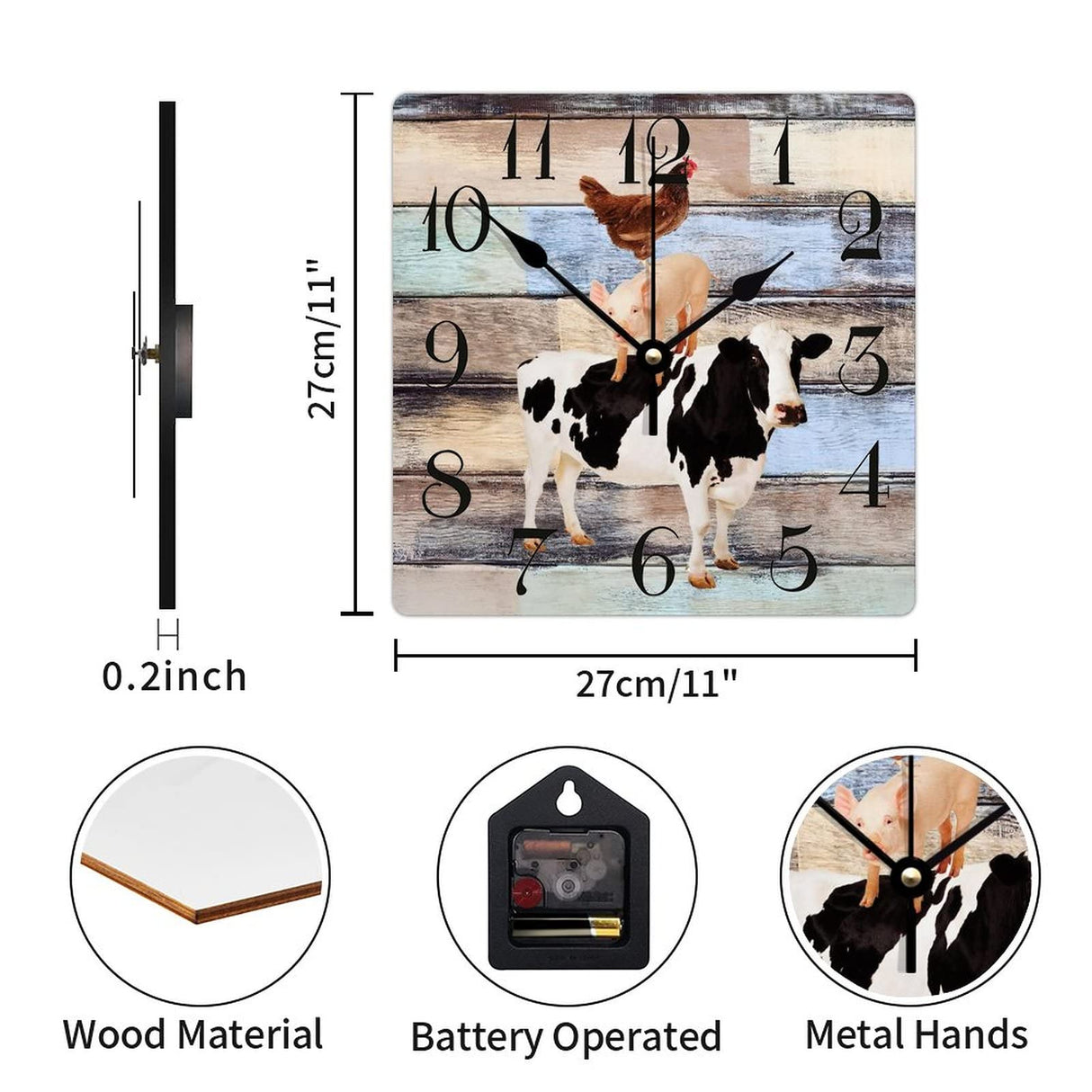 Wooden Wall Clock Farm Animal Cow Pig and Chicken 10 Inch Old Fashioned Square Wooden Wall Clock Digital Accurate Wood Clock for Bedroom Kitchen Wall Decor Home Decor Alioyoit