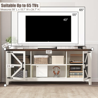 TV Stand for 65 Inch TV, Farmhouse Entertainment Center with Storage and Shelves, Industrial TV Stand with Mesh Door, White TV Media Console Cabinet Furniture for Living Room, Bedroom (White, 58 Inch)