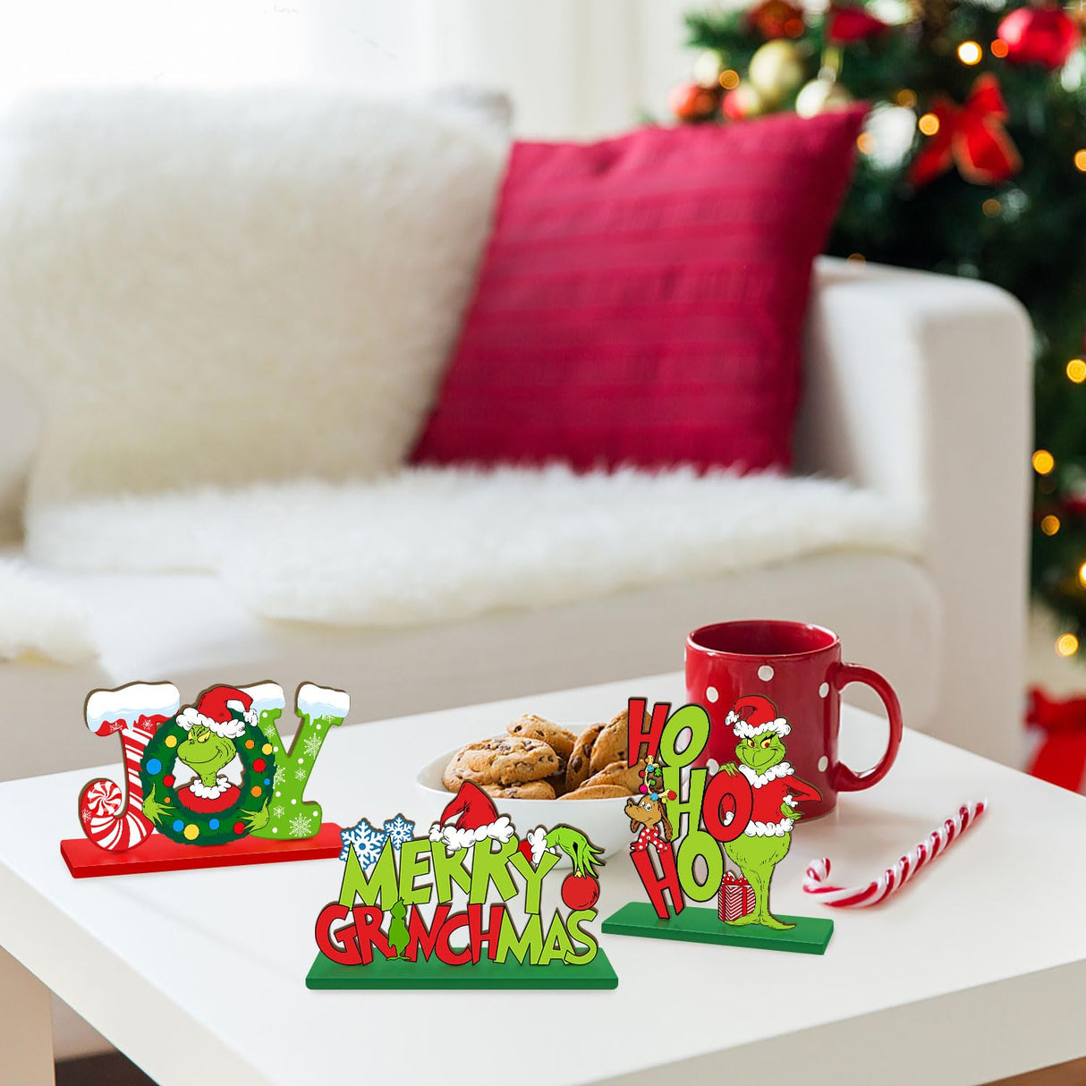 3 Pieces Christmas Table Signs Decorations, Merry Christmas Wooden Centerpiece Ornaments, Joy Wood Desktop Signs Decor for Kitchen Home Winter Whoville Xmas Holidays Theme Party Supplies CIOEY