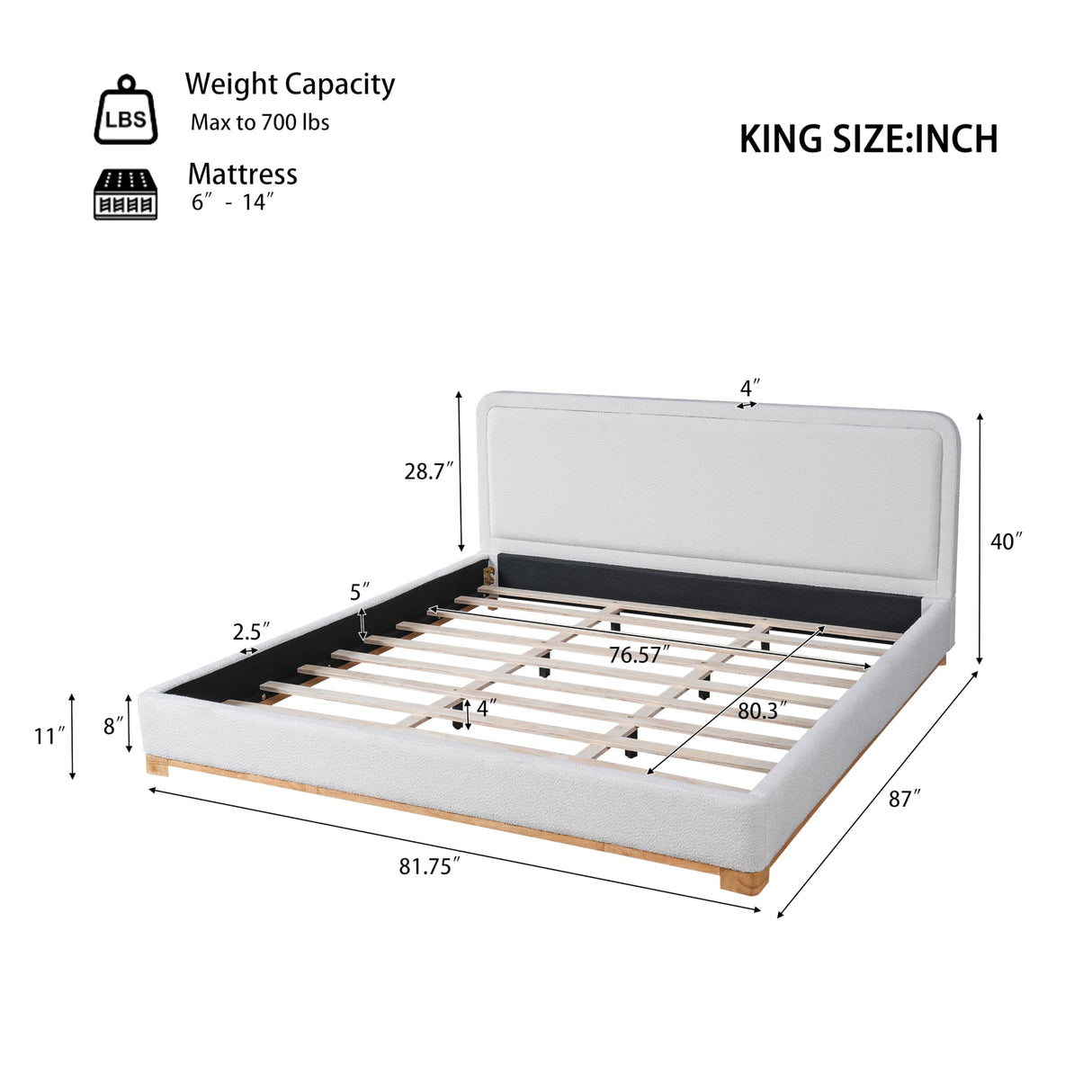 Merax King Size Boucle Bed Frame with Curved Headboard, White Upholstered Cloud Platform Bed, Solid Wood Base, Soft Rounded Corners Design, No Box Spring Needed, Easy Assembly, White Merax