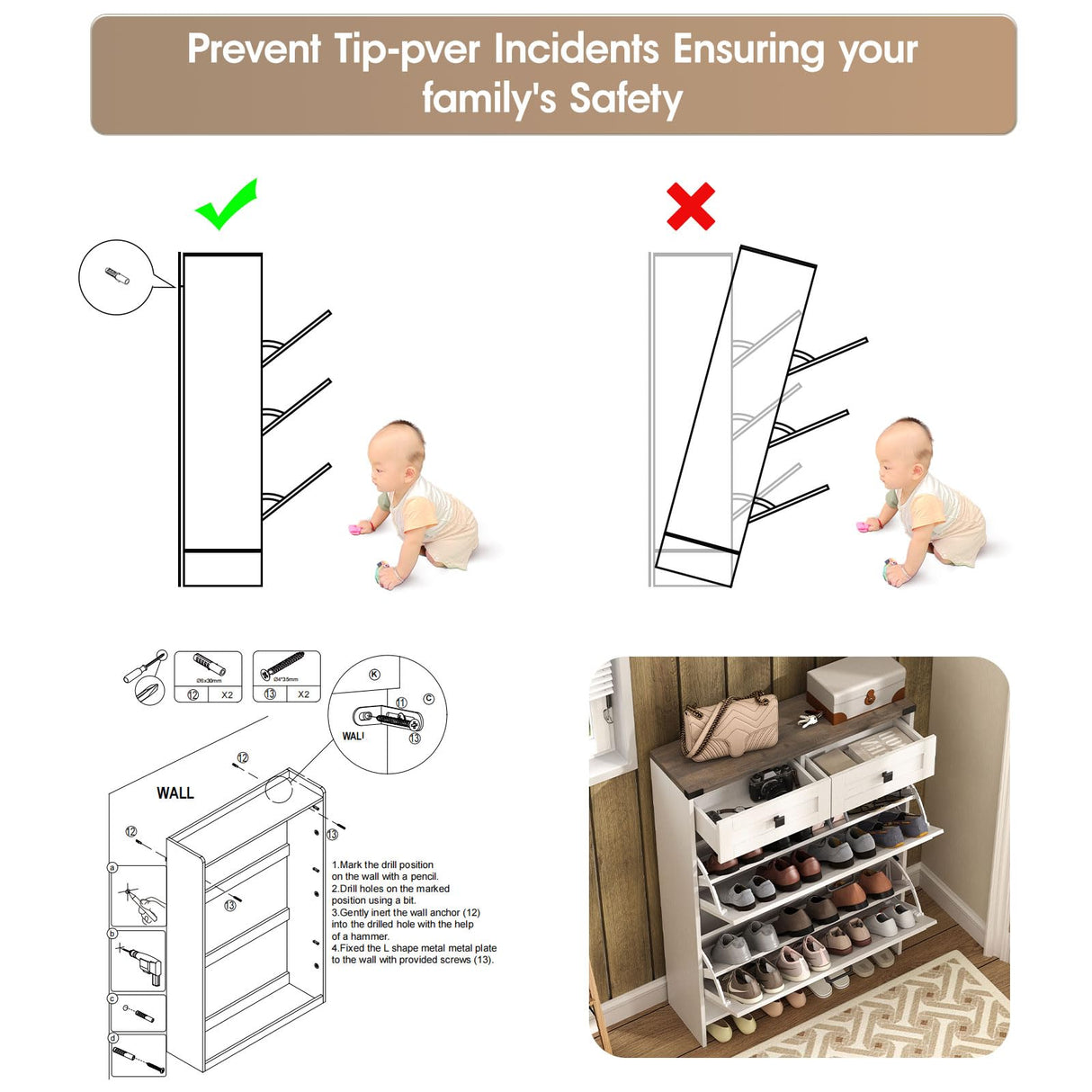 Halitaa Shoe Cabinet with 2 Flip Drawers & 2 Drawers,Farmhouse Shoe Storage Cabinet for Entryway,Slim Freestanding Narrow Organizer Rack for Front Door Entrance,White Halitaa