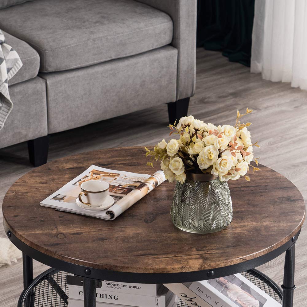 VINGLI Round Coffee Table with Storage - 31.5" Rustic Farmhouse Design, Industrial Style with Metal Shelf VINGLI