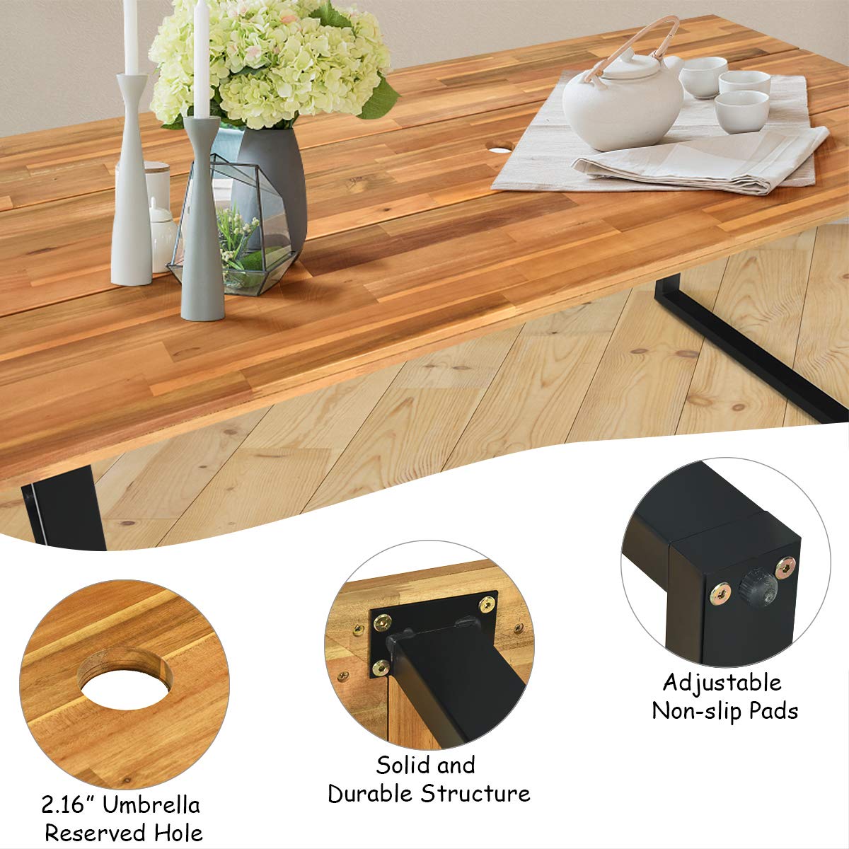 Tangkula 7 Pieces Outdoor Dining Set, Patented Patio Furniture Set w/Large Rectangle Acacia Wood Table Top, Rattan Chairs with Steel Frame, Umbrella Hole, for Backyard Garden Tangkula