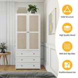 YHAOWORKS Armoire Wardrobe Closet with Drawers - Rattan Clothing Storage Cabinets with 2 Woven Doors, 71" Wood Wardrobe Cabinet with Hanging Rod for Bedroom (White) YHAOWORKS