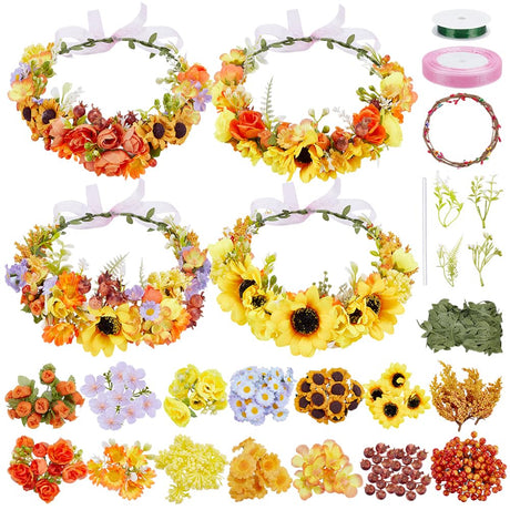 FREEBLOSS 90+ Floral Crown DIY Kit Flower Crowns Making Kit DIY Floral Crown Garland Kit Hair Accessories Handmade Make Your Own Flower Wreath Crown Spring and Autumn Floral Crown FREEBLOSS