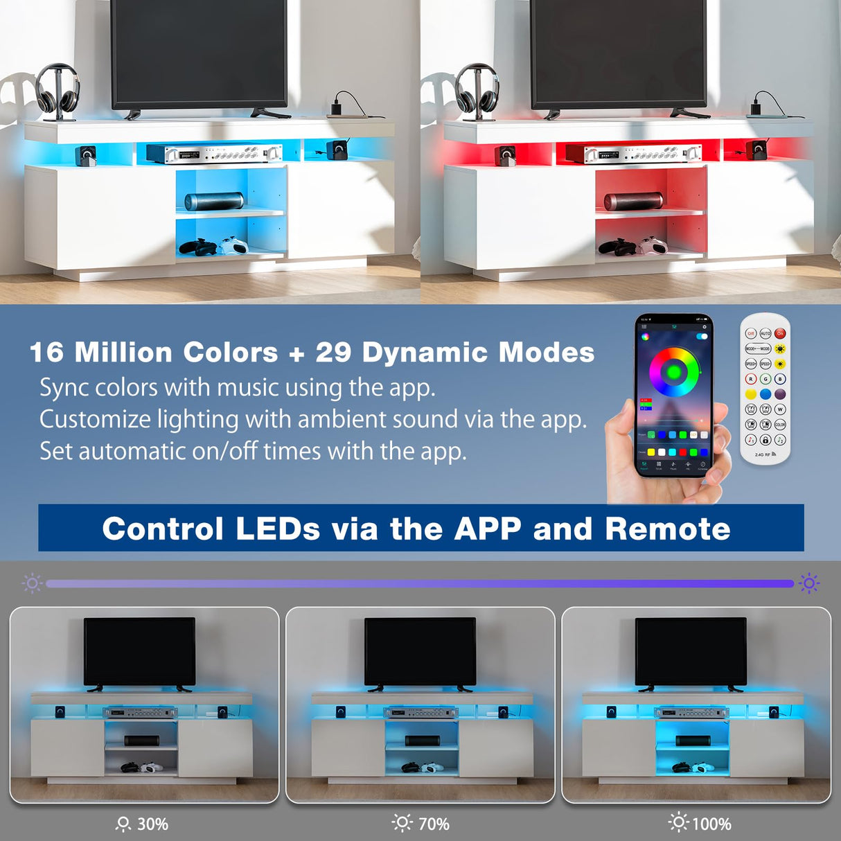 HOMMPA LED Lift Top Coffee Table and TV Stand Set of 2,Modern LED Entertainment Center with Power Outlets for up to 65" TV, Coffee Table with Hidden Compartment & 1 Open Shelve & 1 Drawers White HOMMPA