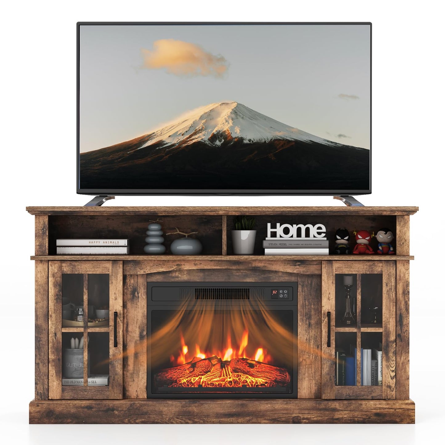 SIMOE Fireplace TV Stand with 23 Inch Fireplace, Electric Fireplace TV Console for TVs up to 65", Entertainment Center with 2 Cabinets & Remote Control, 6H Timer & 3 Flame Brightness, Brown, 58 Inches