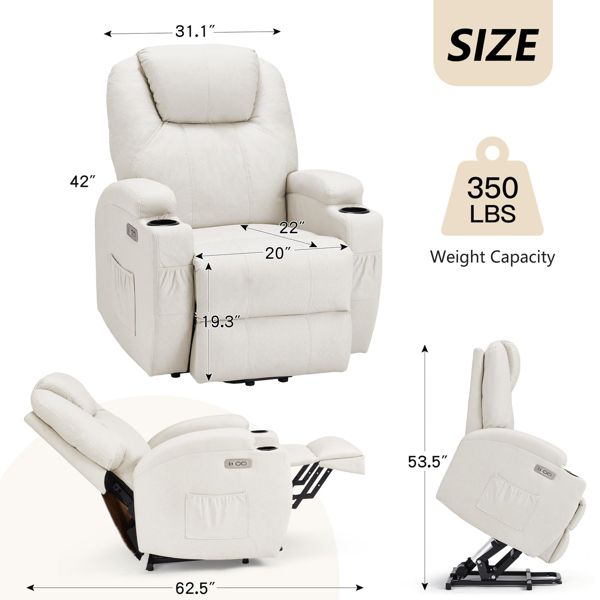 Esright Power Lift Recliner Chair for Elderly, Electric Lift Chair Sofa with Side Pockets, USB & Type-C Ports, Cup Holders, Beige, Fabric Esright