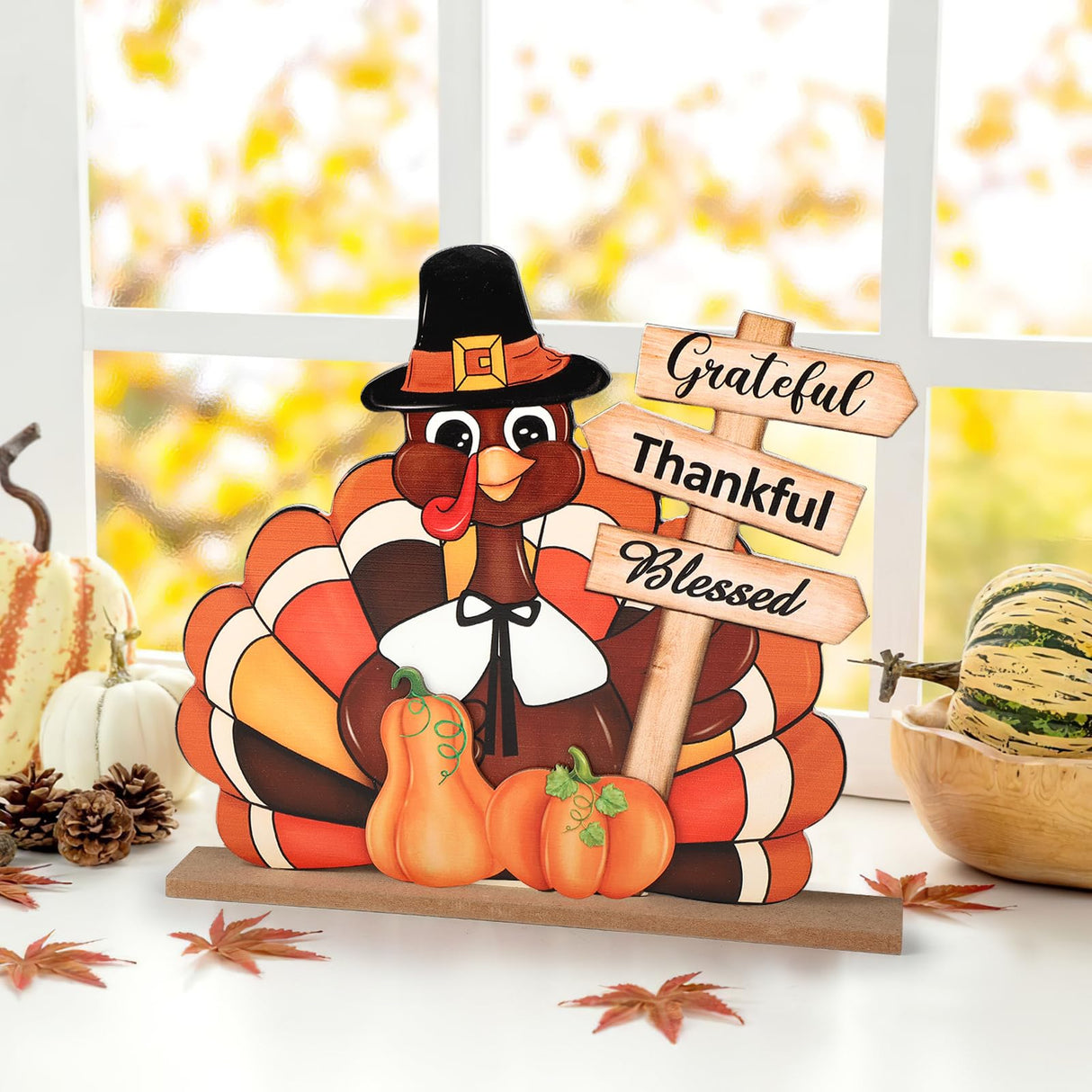Thanksgiving Decorations Wooden Turkey Table Sign Pumpkin Autumn Table Centerpieces Standing Tabletop Happy Thanksgiving for Holiday Fall Harvest Home Room Table Shelf Farmhouse Decorations Grateful Sophena