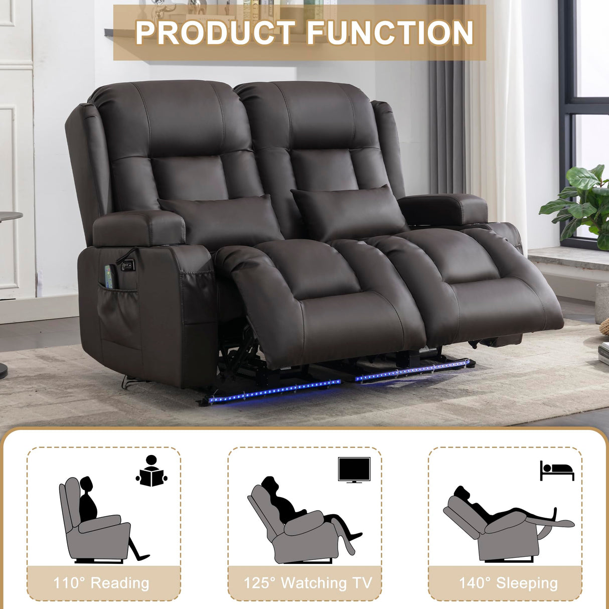URRED Loveseat Recliner Sofa with Massage and Heat, Power Reclining Loveseat Sofa RV Couch Home Theater Seating with LED Lights, Cup Holders, Side Pockets, USB, Pillows, Faux Leather, Dark Brown URRED