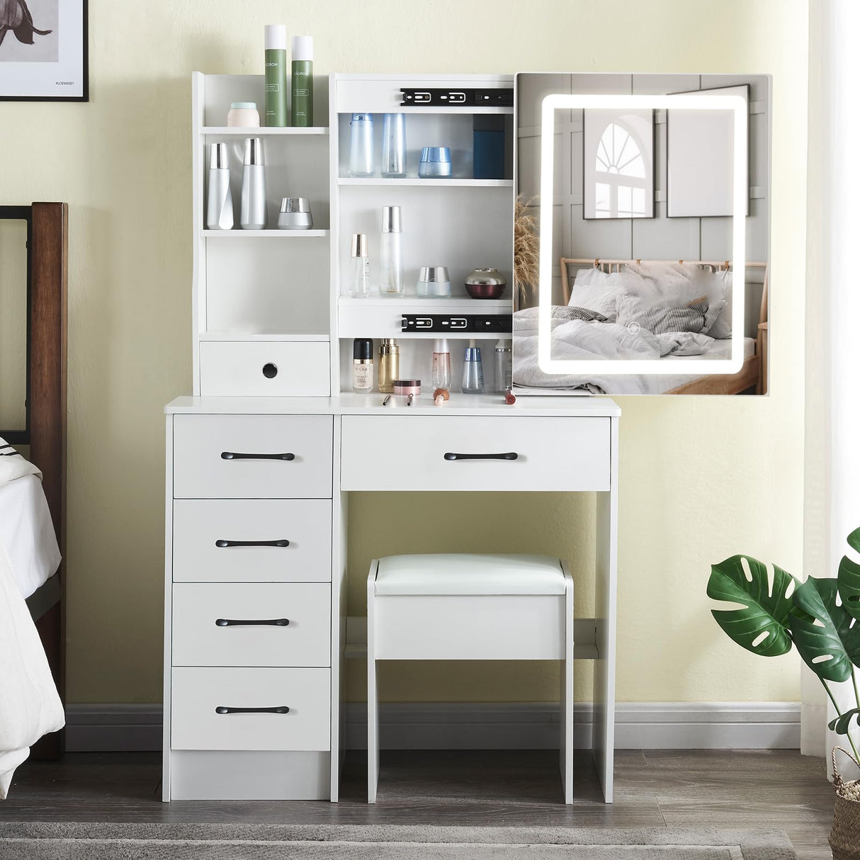 JBLCC Vanity Desk with Lighted Mirror, Large Makeup Vanity with Sliding Mirror, Storage Drawer & Chair, White Vanity Set Dressing Table for Bedroom (QW56LED) JBLCC