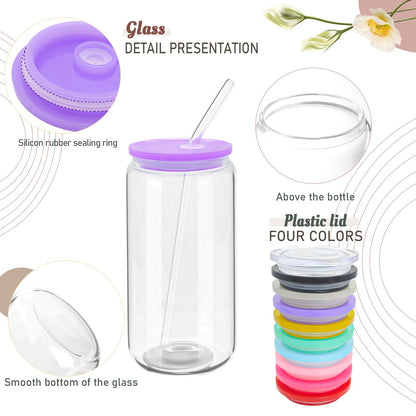 20 Pack Sublimation Glass Cups with Acrylic Lids and Glass Straws 16oz Clear Glass Tumbler Blanks Beer Can Iced Coffee Cups Drinking Glasses, Cute Glass Cups for Tea Soda Smoothie Whiskey DIY Gift