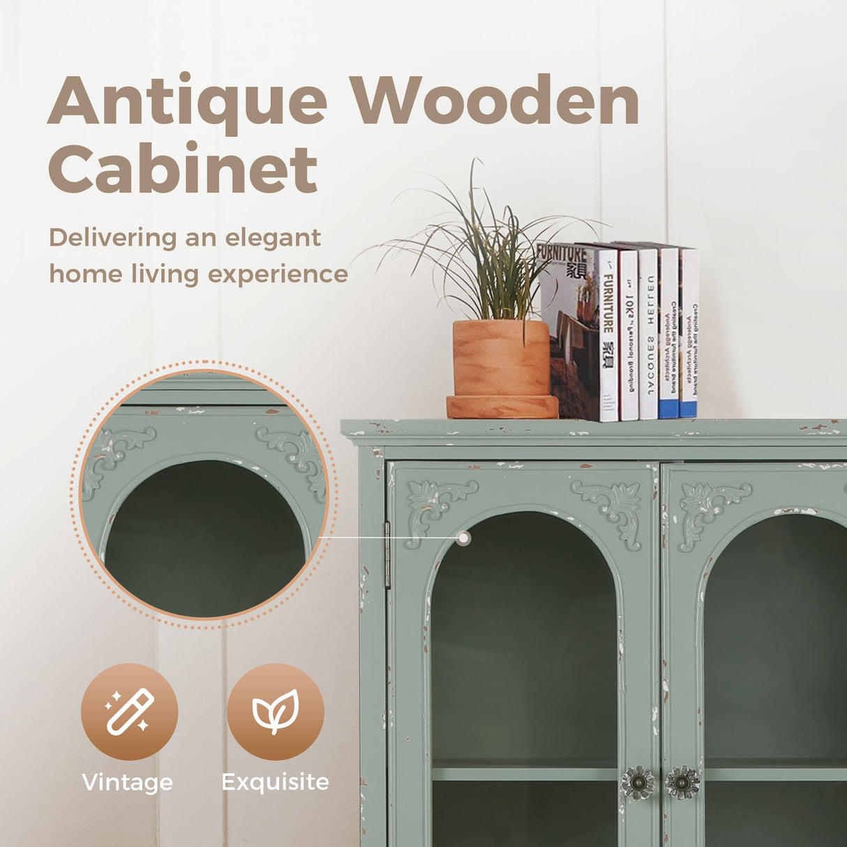 MAISON ARTS 42" Tall Accent Cabinet with 2 Glass Doors & 1 Drawer, Modern Farmhouse Kitchen Buffet Cabinets with Storage Living Room Entryway Cabinet Solid Wood Legs, Mint Green MAISON ARTS