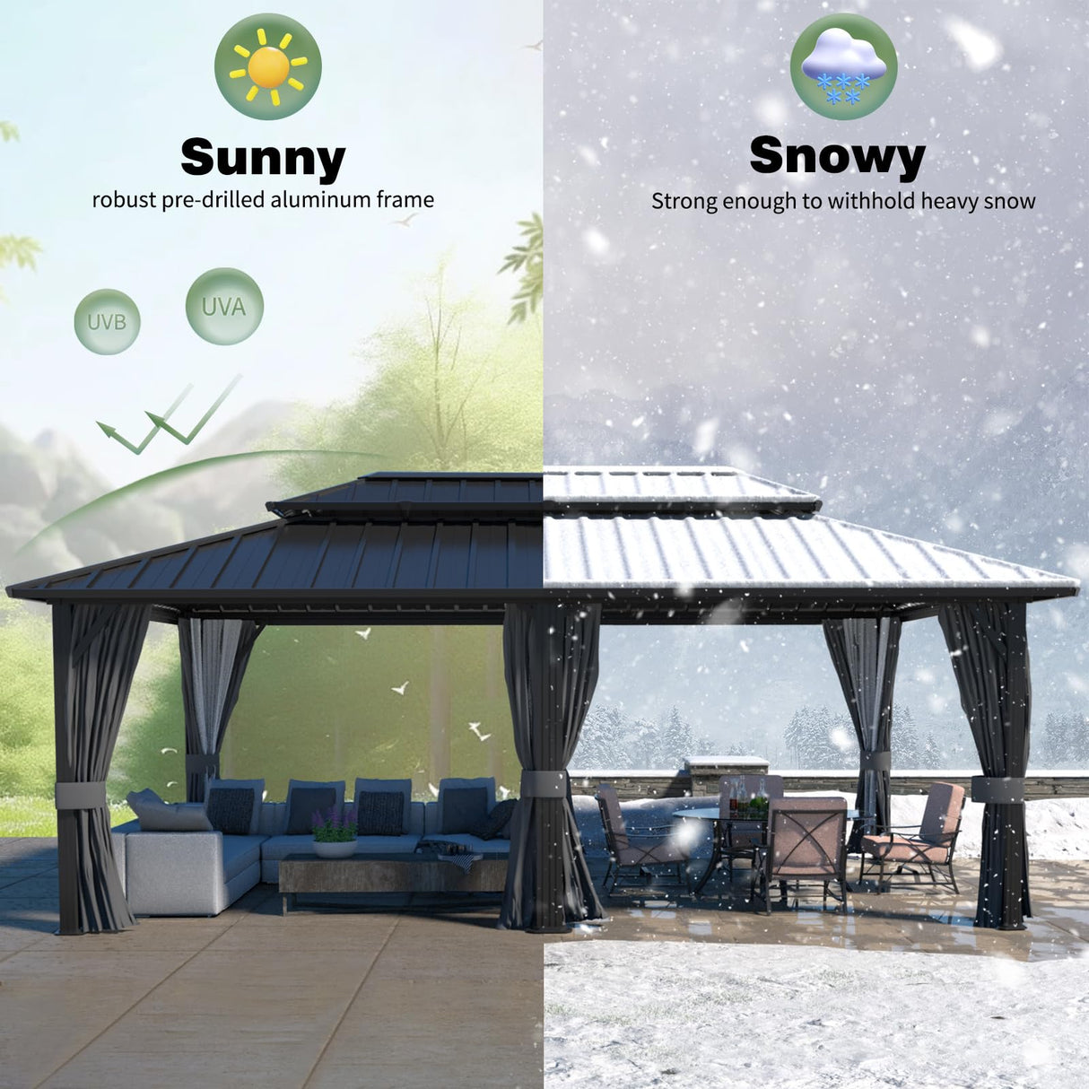 Yardenaler 12x20 FT Hardtop Gazebo Canopy with Double Galvanized Steel Roof, Permanent Outdoor Pavilion with Curtain & Mesh Netting for Patio. Garden, Backyard, Black Yardenaler