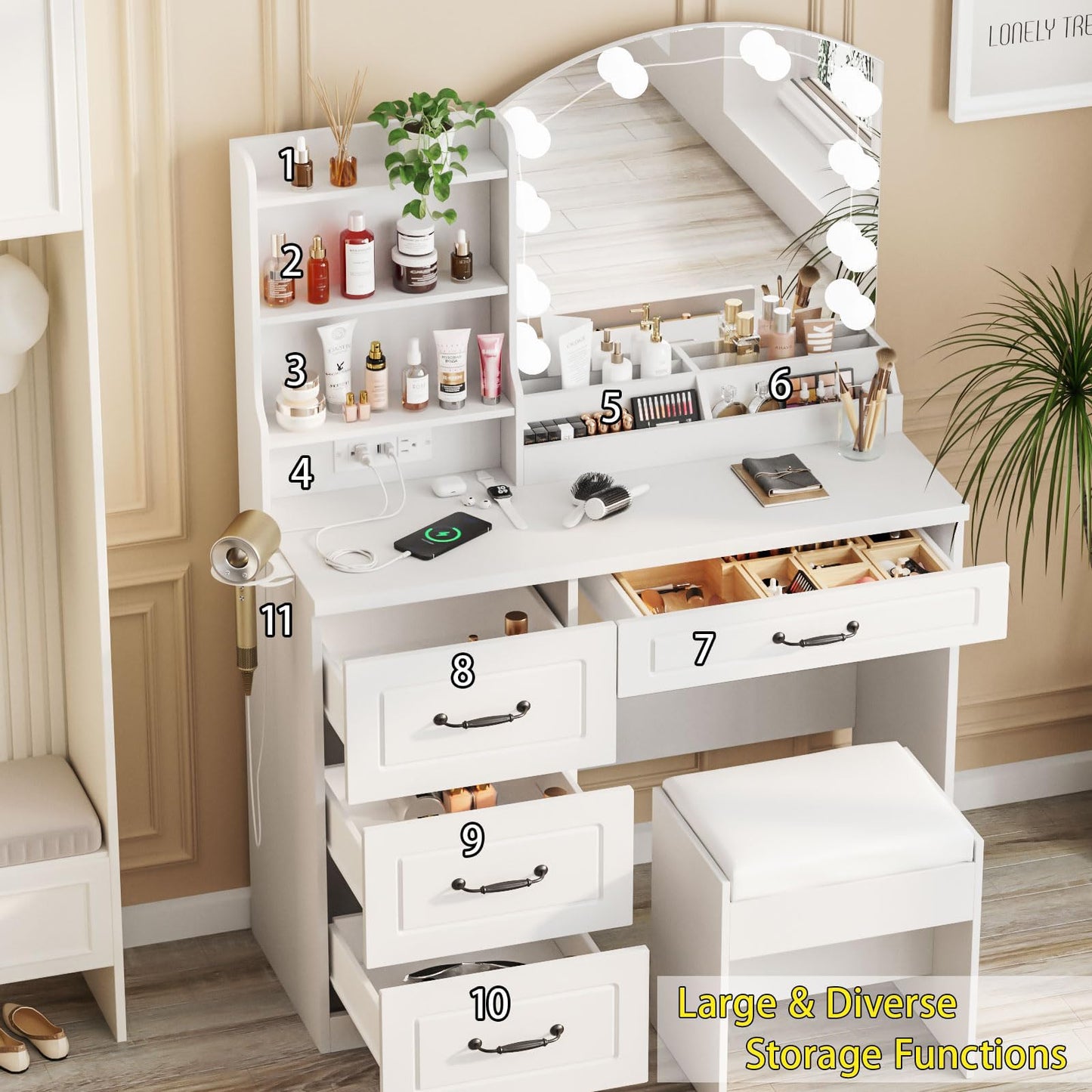 Vabches Makeup Vanity Desk with Lights and Charging Station, White Vanity Set Makeup Table with 4 Drawers Lots Storage, 3 Lighting Colors, Large Size 39.4in(W) - WoodArtSupply