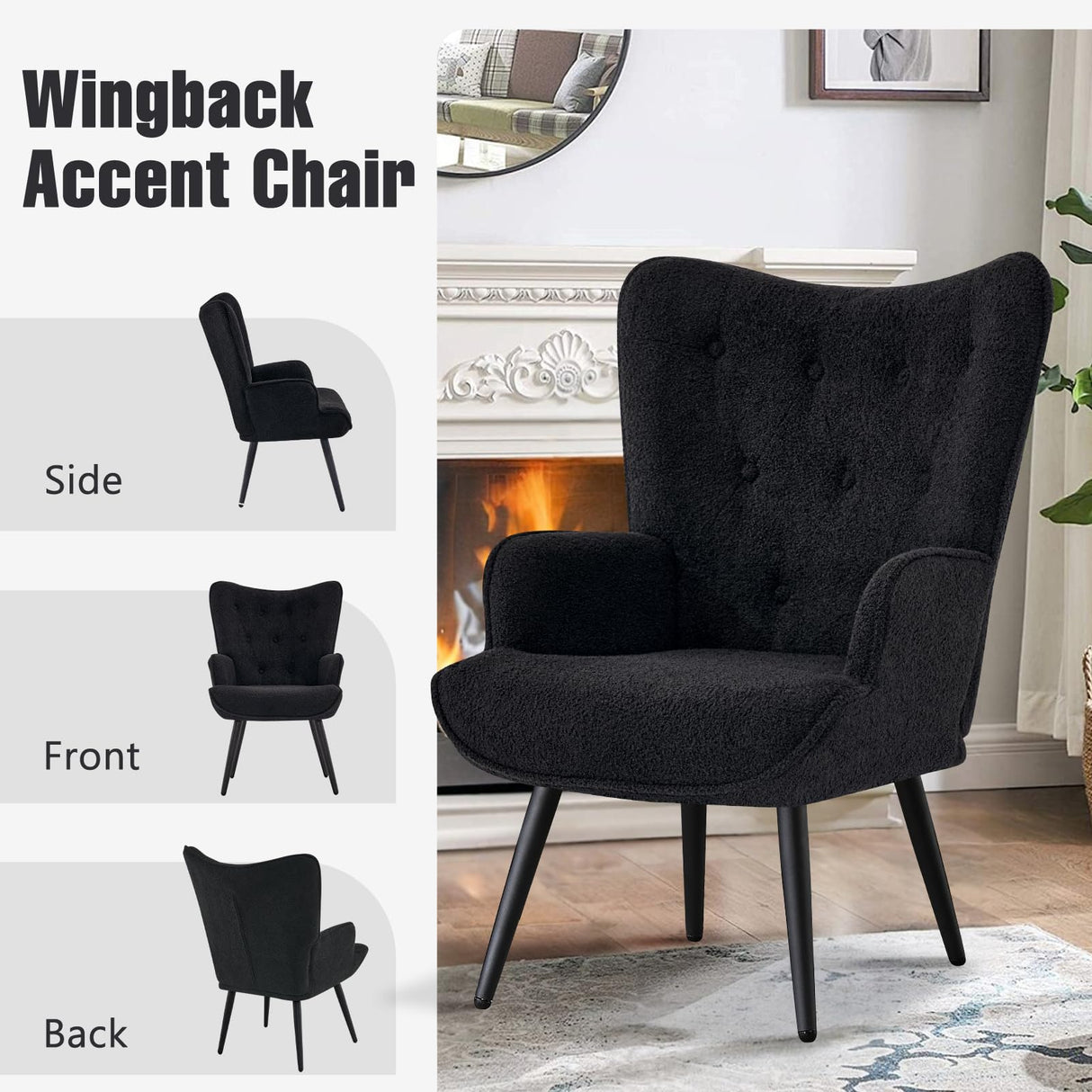 Furniliving Boucle Accent Chair for Living Room, Upholstered Reading Chair with High Backrest, Tufted-Button Wingback Armchair for Bedroom, Dressing Room, Home Office, Black Furniliving