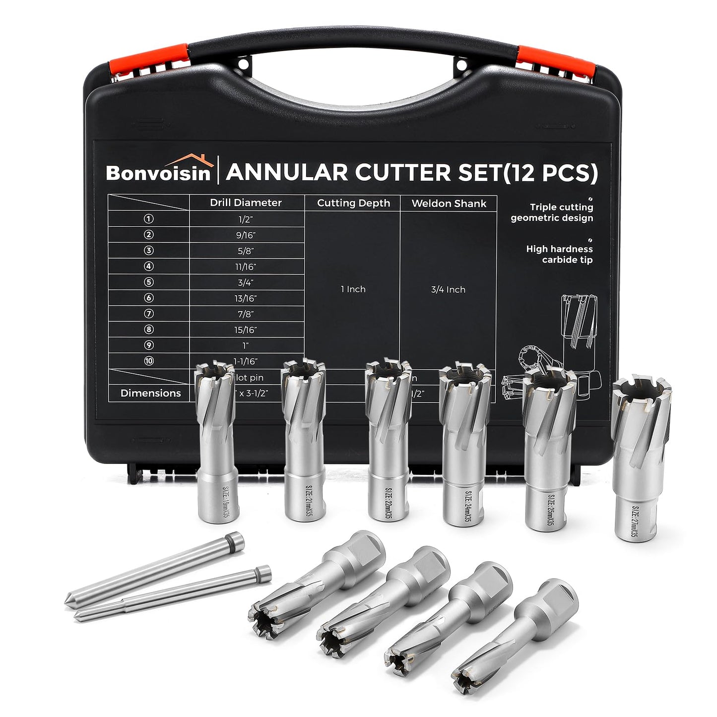 Bonvoisin Annular Cutter Set 12 PCS Carbide Tips Mag Drill Bits Kit 1/2" to 1-1/16" Cutting Diameter 3/4" Weldon Shank with 2 Pilot Pins for Mag Drill Press Cutting - WoodArtSupply