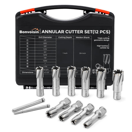 Bonvoisin Annular Cutter Set 12 PCS Carbide Tips Mag Drill Bits Kit 1/2" to 1-1/16" Cutting Diameter 3/4" Weldon Shank with 2 Pilot Pins for Mag Drill Press Cutting Bonvoisin