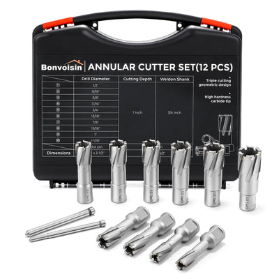 Bonvoisin Annular Cutter Set 12 PCS Carbide Tips Mag Drill Bits Kit 1/2" to 1-1/16" Cutting Diameter 3/4" Weldon Shank with 2 Pilot Pins for Mag Drill Press Cutting