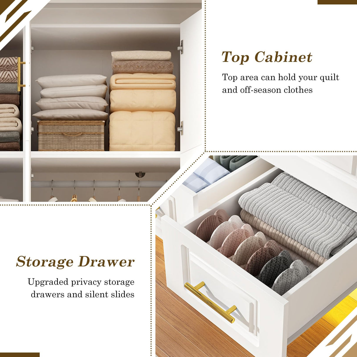 Hlivelood Large Armoire Wardrobe Closet Cabinet with Drawers and LED Lights, Multi-Tier Shelves, Hanging Rod, Large Capacity Storage 3 Door Wardrobe Armoire with Top Cabinet for Bedroom, White Hlivelood