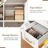 Hlivelood Large Armoire Wardrobe Closet Cabinet with Drawers and LED Lights, Multi-Tier Shelves, Hanging Rod, Large Capacity Storage 3 Door Wardrobe Armoire with Top Cabinet for Bedroom, White Hlivelood