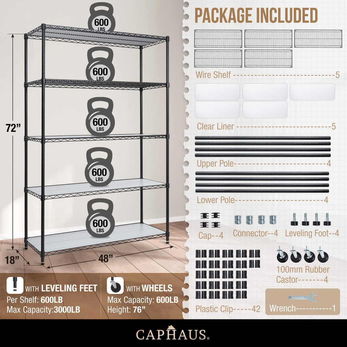 CAPHAUS NSF Commercial Grade Heavy Duty Wire Shelving w/Wheels, Leveling Feet & Liners, Storage Metal Shelf, Garage Shelving Storage, Utility Wire Rack Storage Shelves, w/Liner, 48 x 18 x 76 5-Tier CAPHAUS