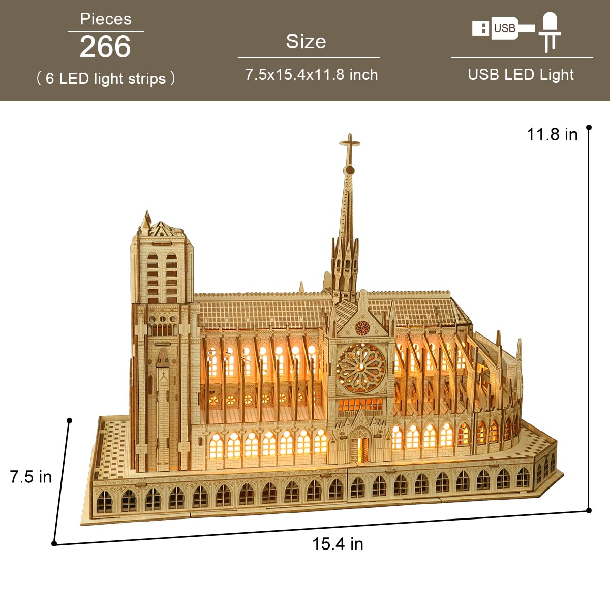 Leopmase 3D Wooden Puzzles for Adults,Notre Dame de Paris Church Model Kit for Adults to Build,Led Light DIY Games Gift on Birthday Christmas,Building Puzzle 266 Pcs Leopmase