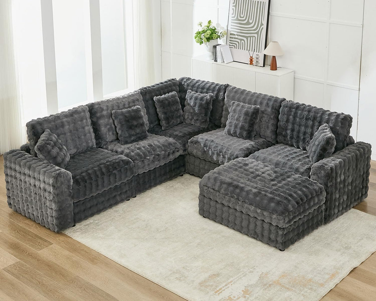 115" Oversized Modular Sectional Sofa with Ottoman Convertible Plush Faux Fur Large U-Shape Couch Sofa 5 Seater with 6 Pillows for Living Room,Bedroom,for Big Man 35.83" Seat Width,Grey Comfort Stretch