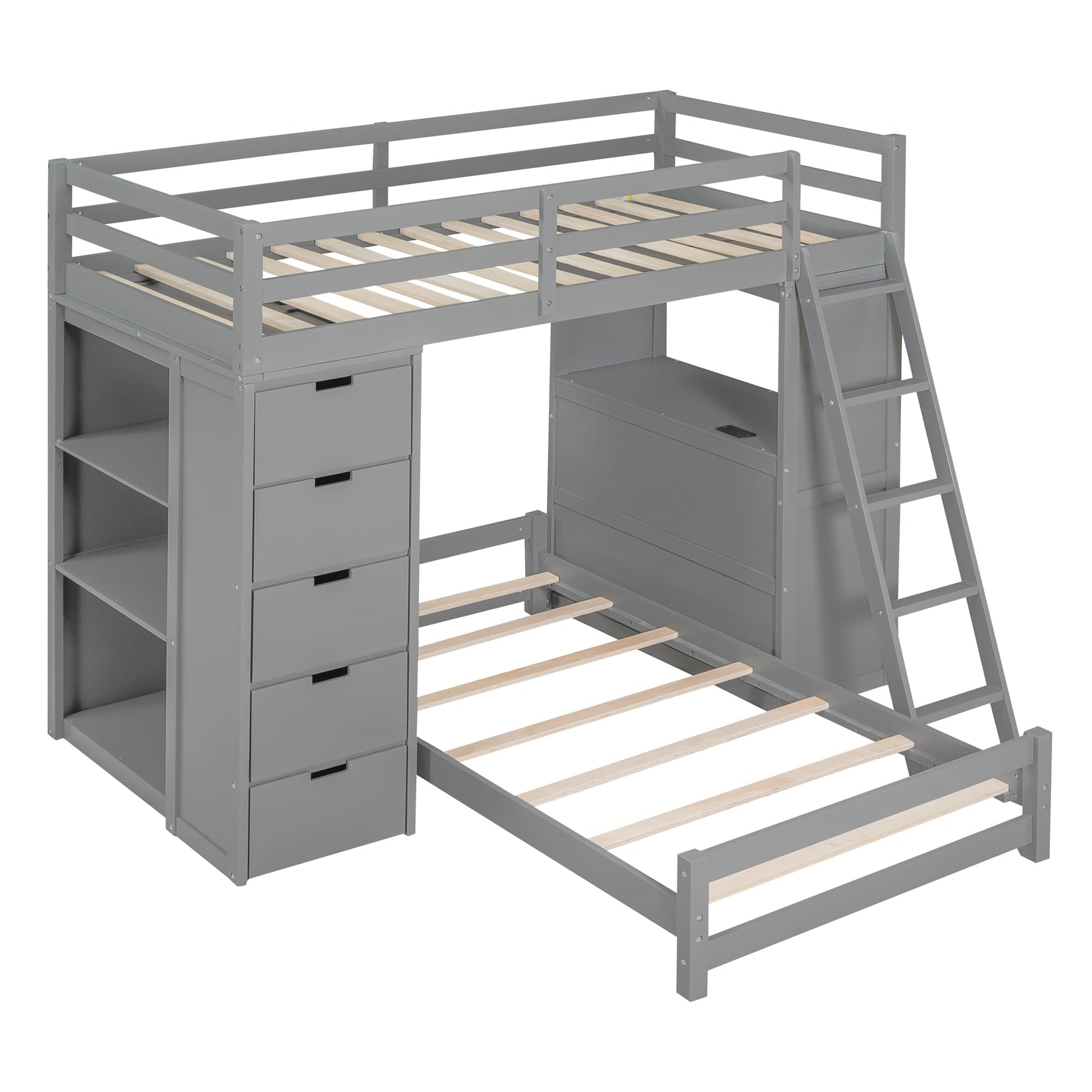 CKLMMC Twin Over Twin Bunk Bed with LED Light, USB Ports, Desks, Bookshelves, and 5 Drawers in Gray - WoodArtSupply