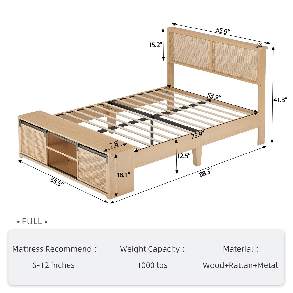 GAOMON Natural Rattan Full Size Bed Frame with Sliding Barn Door Storage Cabinets and LED Light Headboard, Boho Farmhouse Wood Platform Bed with Solid Wood Legs Support, No Box Spring Needed GAOMON