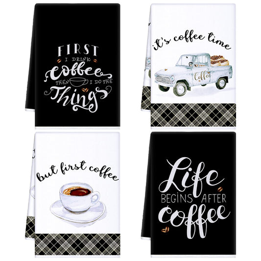 Ferraycle 4 Pieces Kitchen Towels, Coffee Kitchen Hand Towels, Dish Towels, Absorbent Decorative Dish Cloths, for Farmhouse Housewarming (Mainly Black,Truck Style)