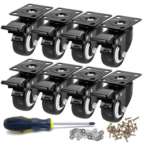 Caster Wheels, 2 inch Casters Set of 8 Heavy Duty - CLOATFET Locking Swivel Casters with Brake (Top Plate), Non Marking Black Castor Wheels for Cart Furniture Workbench CLOATFET