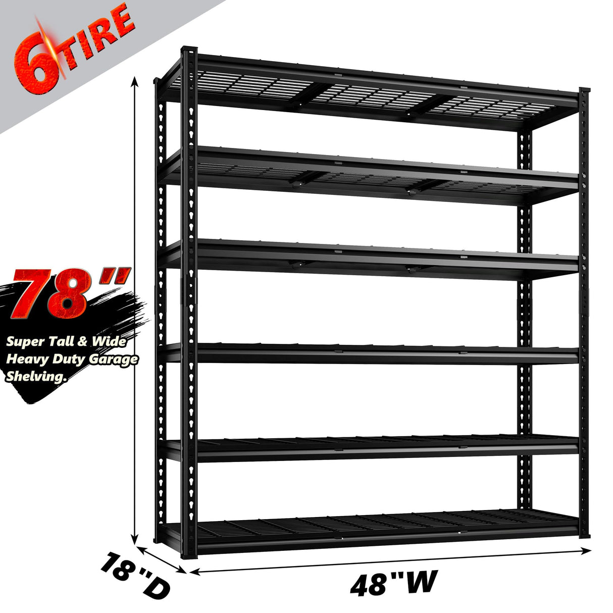 REIBII 48" W Storage Shelves, 6 Tire Garage Shelving Units Loads 3300LBS, Adjustable Garage Shelving Heavy Duty for Metal Shelves for Basement, Pantry, Warehouse, 48" W x 78" H x 18" D REIBII