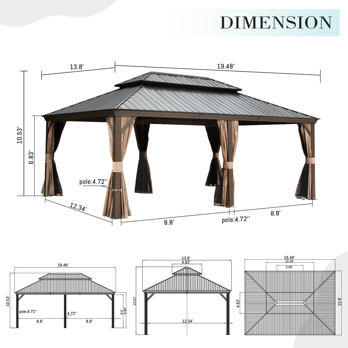 Domi Outdoor Living 14’ X 20’ Hardtop Gazebo, Outdoor Aluminum Frame Canopy with Galvanized Steel Double Roof, Outdoor Permanent Metal Pavilion with Curtains and Netting for Patio, Backyard and Lawn domi outdoor living