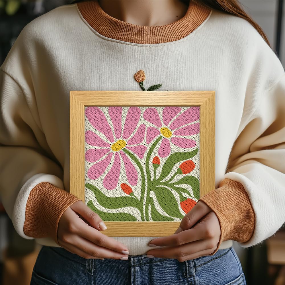 BEUNITONE Flower Beginners Punch Needle kit Handcraft Embroidery Starter Kits for Adults Flowers and Plants Punch Stitching Kit with Instruction Square Punch Needle Frame for Wall Decor 9.4'' x 9.4'' BEUNITONE
