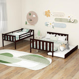 KOMFOTT Espresso Wood Twin Over Full Bunk Bed with Trundle, 250/400 lbs Capacity, Solid Pine Frame, Convertible to 2 Separate Beds, No Box Spring Needed KOMFOTT