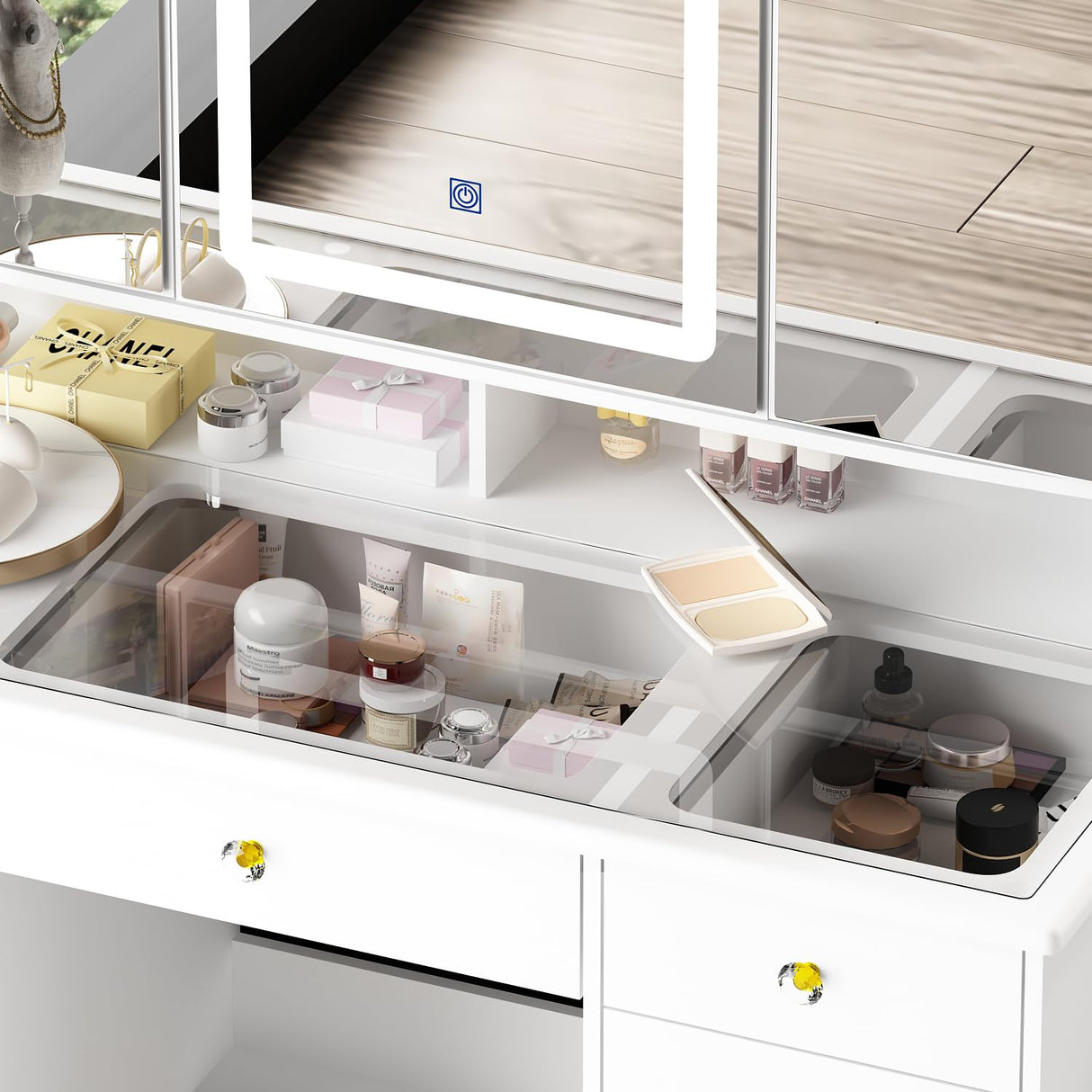 Homsee Makeup Vanity Desk with 3 Mirrors, Glass Top, Lights & Hidden Storage, Modern Dressing Table Vanity Table with Drawers, Lighting Modes & Brightness Adjustable, White Homsee