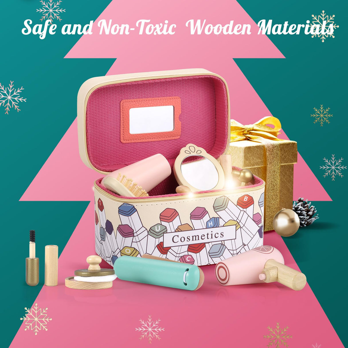 GAGAKU Wooden Makeup Toy Set Wood Hair Salon Playset Toddler Wooden Makeup Kit for Girls,Christmas Birthday Gift for 3 4 5 6 7 Years Old Kids GAGAKU