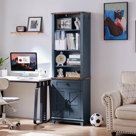 Joaxswe 72in Tall Bookshelf 7 Tier Bookcase with Drawer and Barn Doors and Adjustable Shelves, Blue Farmhouse Book Shelf with Storage Cabinet, Wood Freestanding Display Bookshelves for Living Room Joaxswe