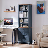 Joaxswe 72in Tall Bookshelf 7 Tier Bookcase with Drawer and Barn Doors and Adjustable Shelves, Blue Farmhouse Book Shelf with Storage Cabinet, Wood Freestanding Display Bookshelves for Kitchen (2PCS) Joaxswe