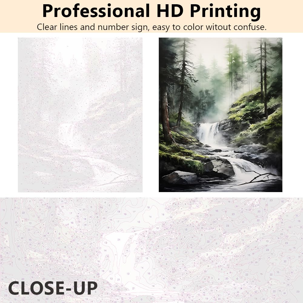 TUMOVO Paint by Numbers for Adults Waterfall in The Woods Adults' Paint by Number Kits Misty Forest Landscape Art Painting Kits with Brushes Oil Painting Art Crafts 16x20 in TUMOVO