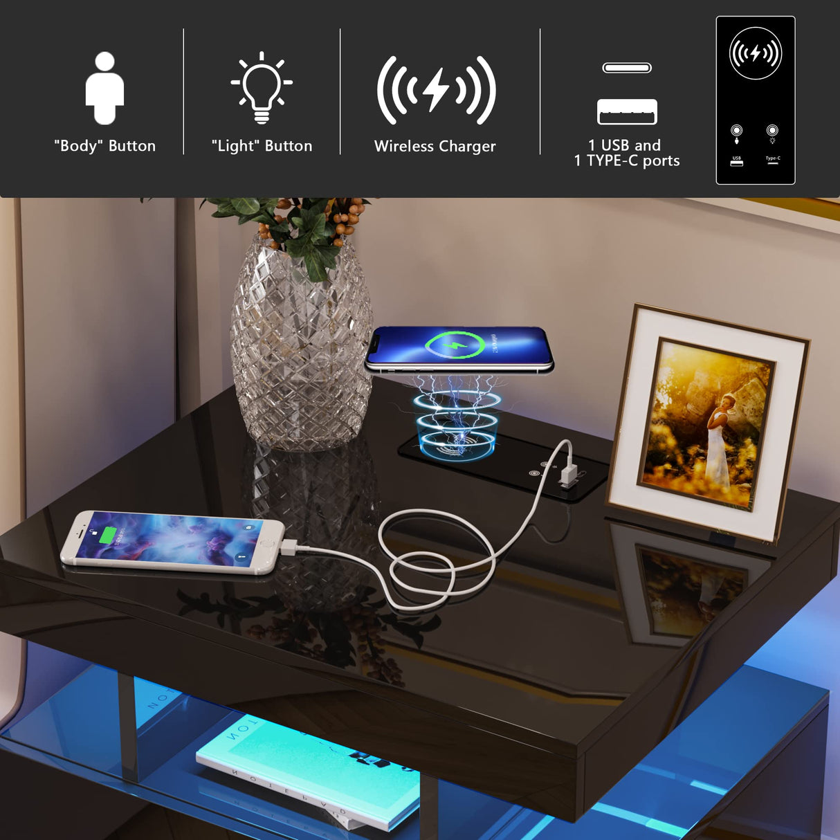 HNEBC Auto LED Nightstand with Wireless Charging Station & USB Ports,High Gloss Bedside Tables with 2 Drawers,Floating Nightstand with 3 Color & Adjustable Brightness Embedded LED Light Strip HNEBC