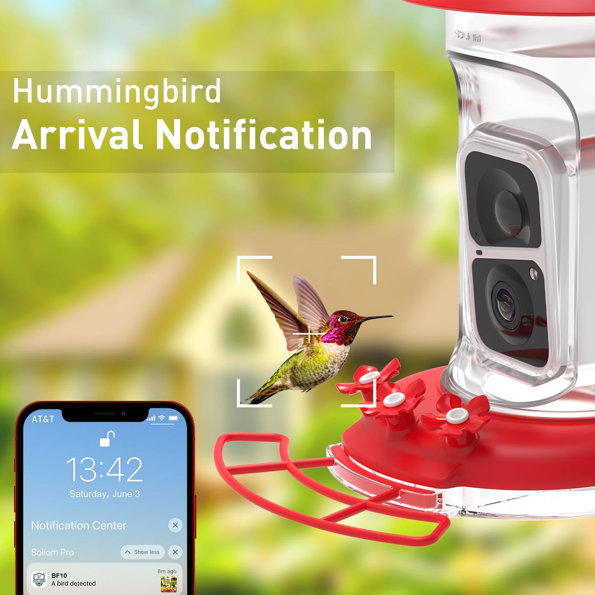 Soliom Humbirdy-Hummingbird Feeder Camera with Ant Moat,Bee Proof,AI Identify Bird Species,Bird Watching Camera with 3 Feeding Ports,Live SOLIOM