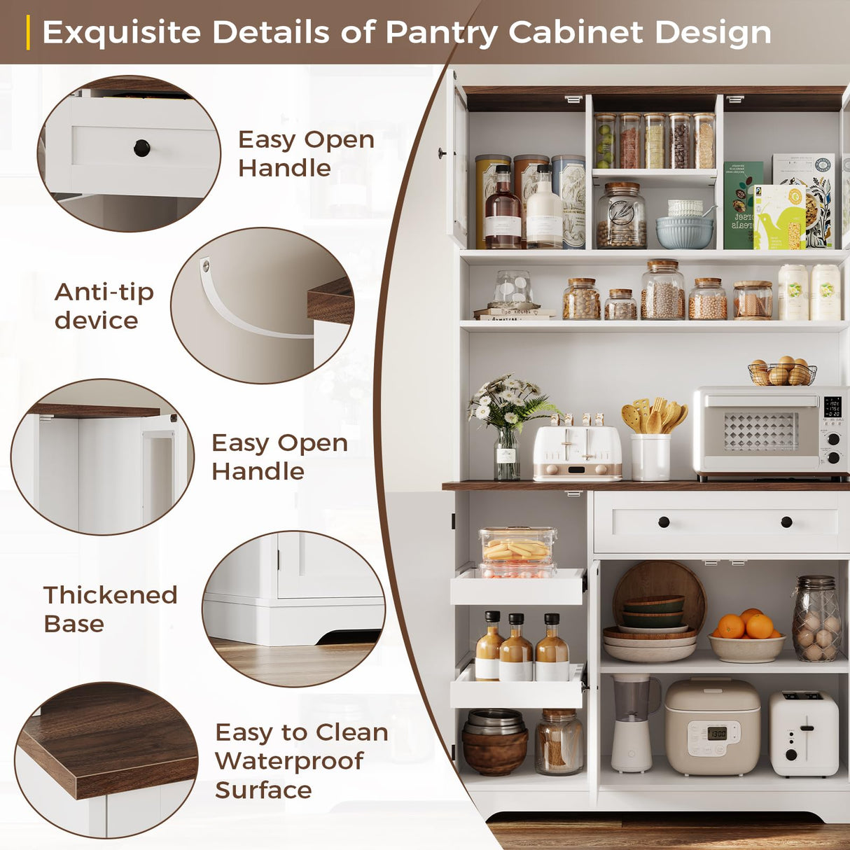 Hasuit 71.6" Tall Kitchen Pantry Storage Cabinet, Modern Kitchen Hutch Cabinet with Doors and Shelves, Freestanding Food Pantry with Large Storage Drawer for Dining Room, Living Room, White Hasuit
