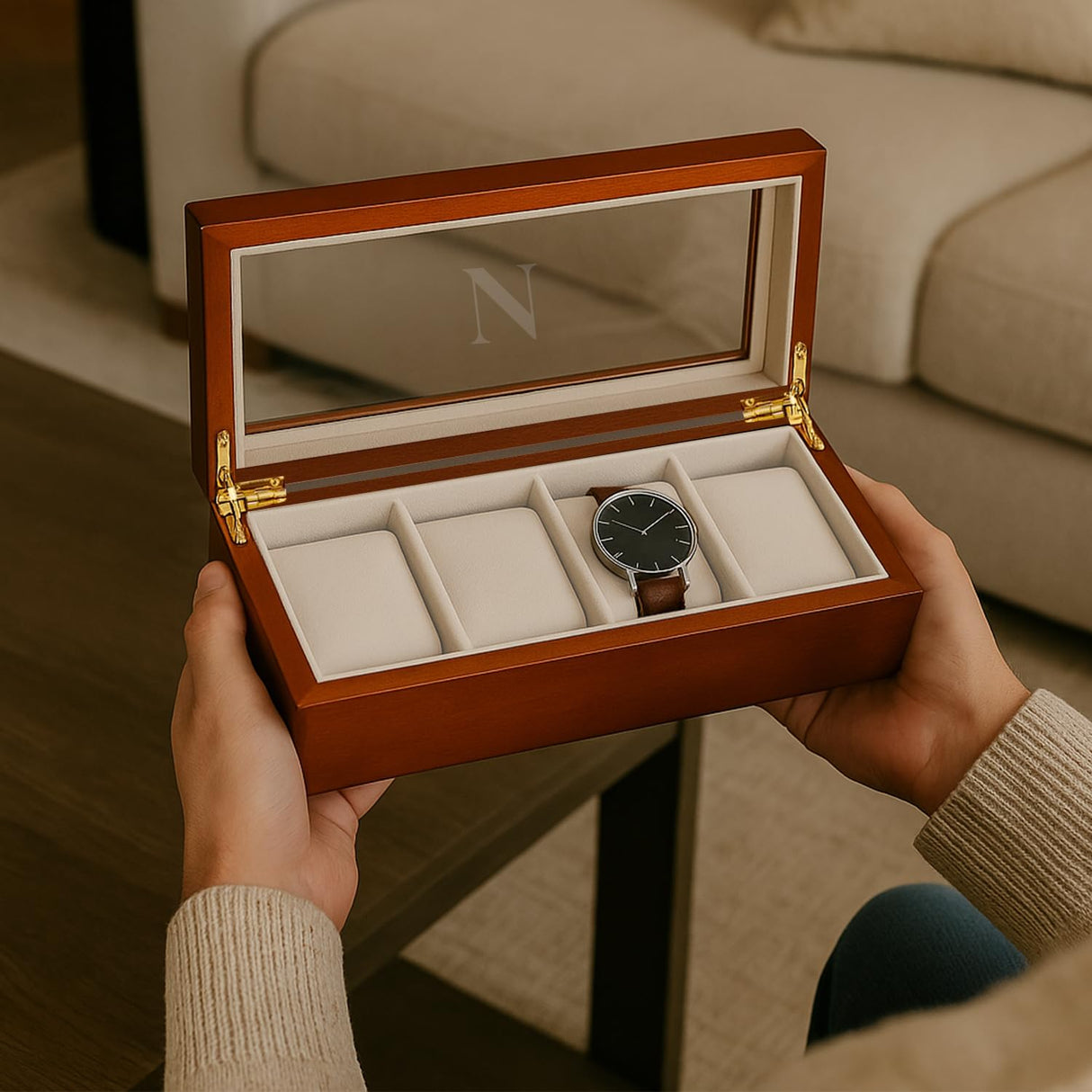 Bey-Berk Personalized Cherry Custom Wood Watch Box – 4-Slot Storage with Glass Lid, Velour Lining & Pillows Bey-Berk
