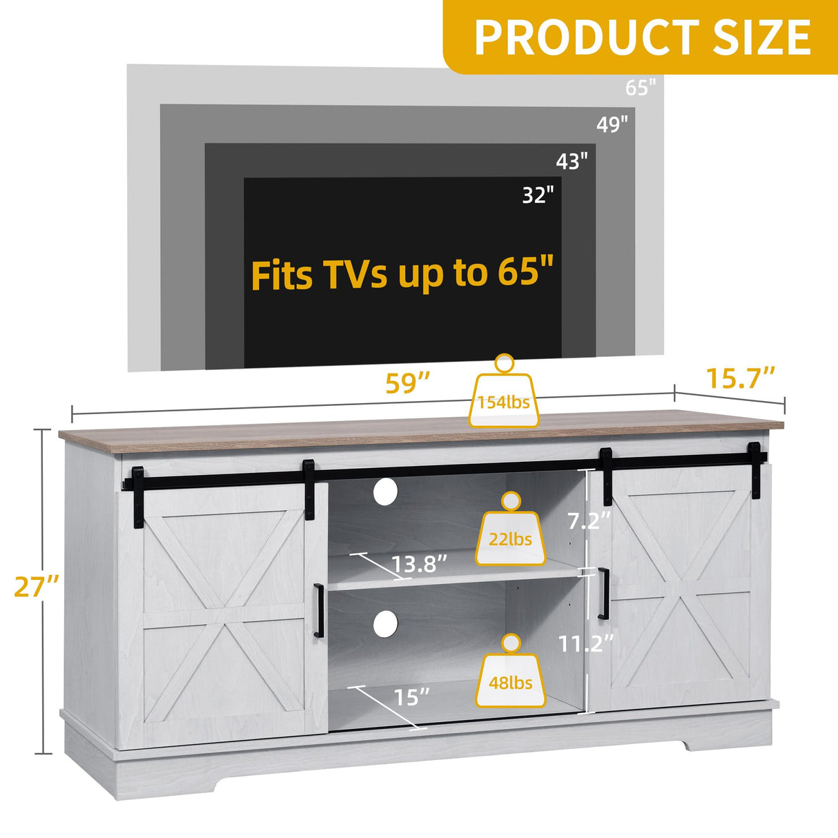 DWVO TV Stand for TVs up to 65 Inch, Farmhouse Entertainment Center with Storage Cabinets and Sliding Barn Doors, Rustic Media TV Console Table for Living Room, Grey White/Grey Wash DWVO