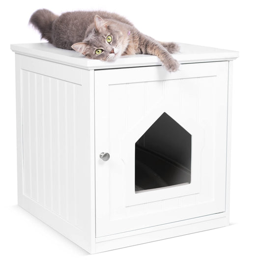 Decorative Cat House & Side Table | Cat Home Nightstand | Indoor Pet Crate | Litter Box Enclosure | Hooded Hidden Pet Box | Cats Furniture Cabinet | Kitty Washroom | White