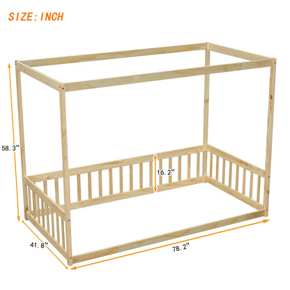 UOCFYK Natural Canopy Frame Floor Bed with Guardrails for Kids – Twin Size, No Box Spring Needed - WoodArtSupply