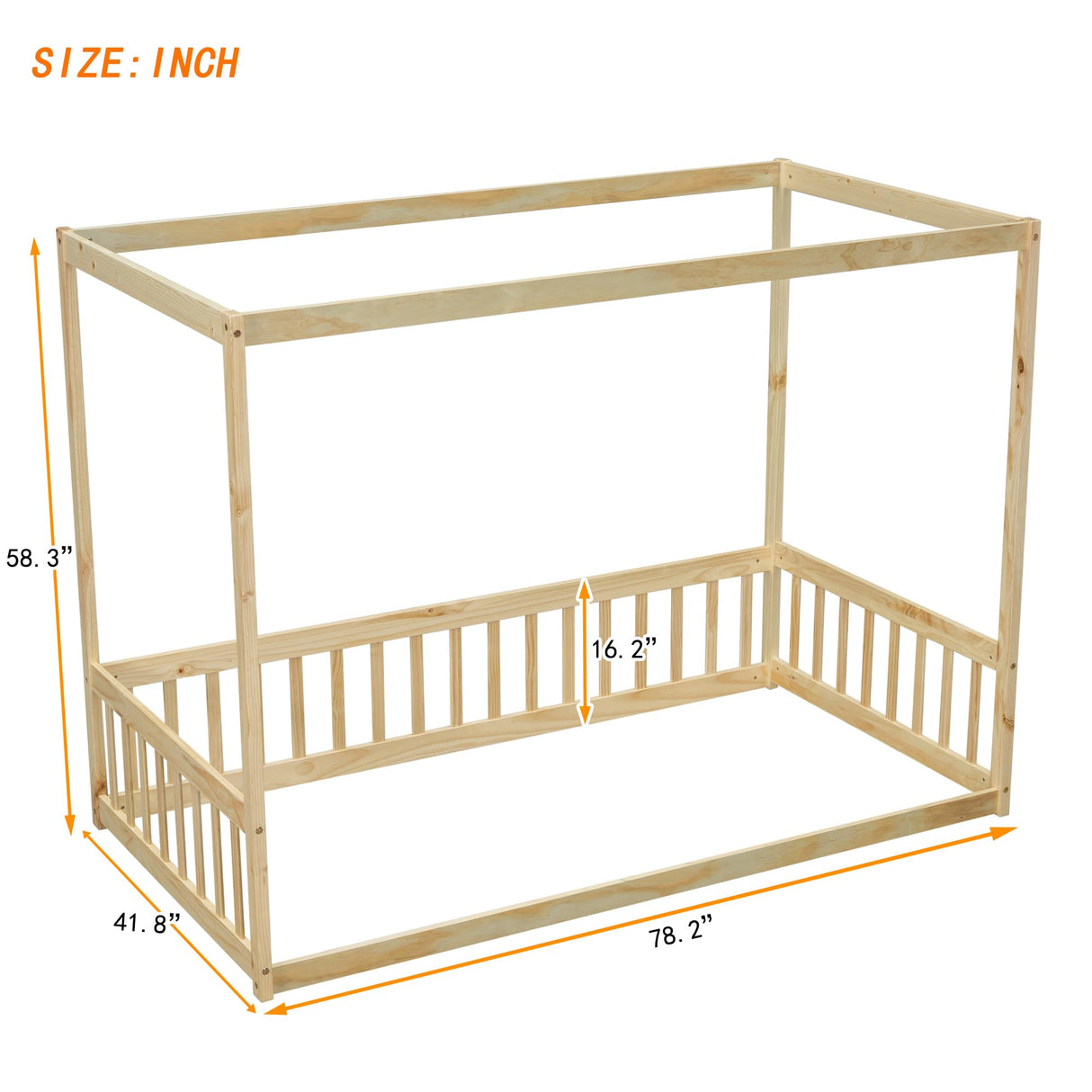 PVWIIK Twin Size Canopy Frame Floor Bed with Fence for Girls & Boys,Montessori Floor Bed w/Safety Guardrails for Girls,Boys,No Box Spring Needed, Natural PVWIIK