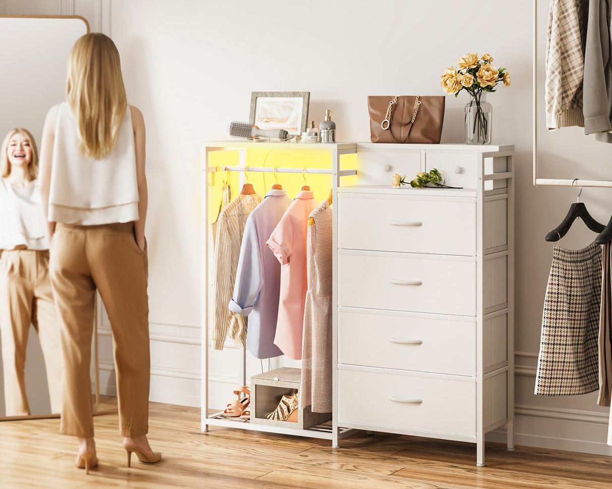 KKL 43" W White Dresser for Bedroom with Hanging Rack, Reversible 6 Drawers Dresser with Led Lights & Charging Station, Fabric Closet Dressers & Chest of Drawers with Clothes Rack for Girls, Kids KKL